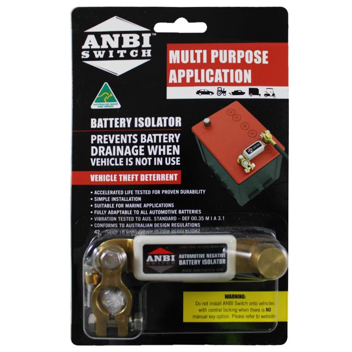 Packaging of Anbi Switch Multi Purpose with a red battery isolator and product information.