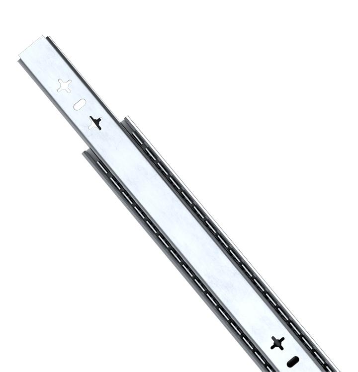 A pair of non-locking medium duty drawer slides, with a zinc plated body and stainless steel ball bearings, in a extended open position.