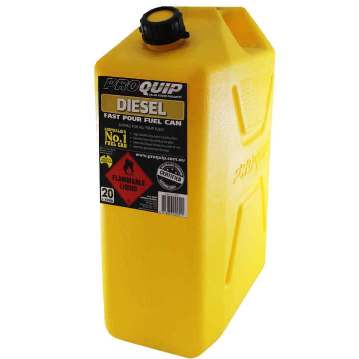 A 20-liter yellow diesel fuel can with a black cap and label information including brand and product type.