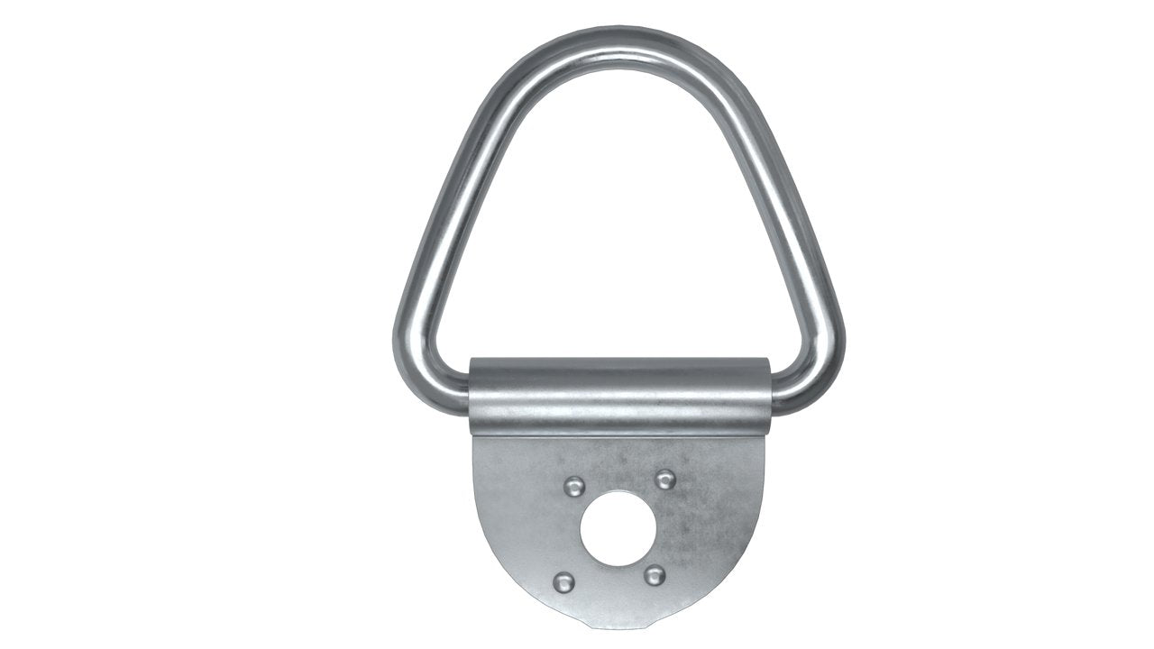 A single zinc plated steel low profile floor lashing ring with a triangular shape and a single bolt fixing point.
