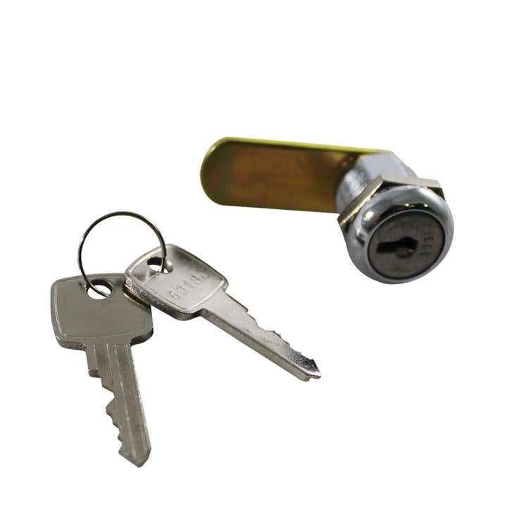A cam lock with a metallic finish and a set of keys inserted in it, against a white background.