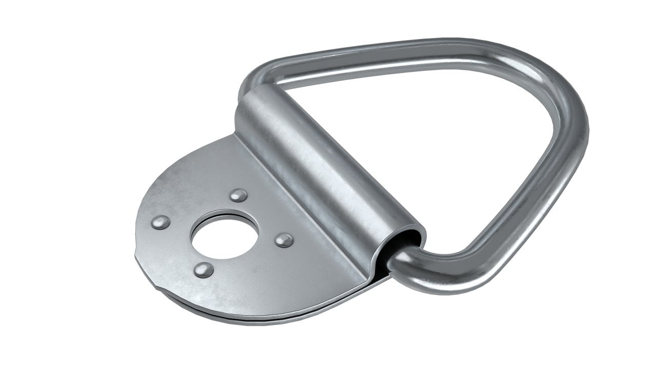 A single zinc plated steel low profile floor lashing ring with a triangular shape and a single bolt fixing point.