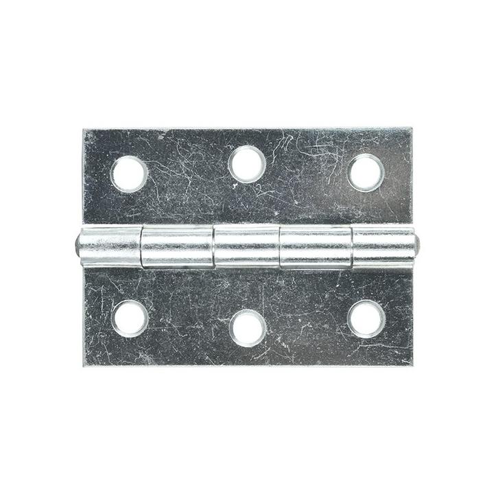 Zinc plated steel butt hinge measuring 70mm in height and 50mm in width with a fixed pin design.