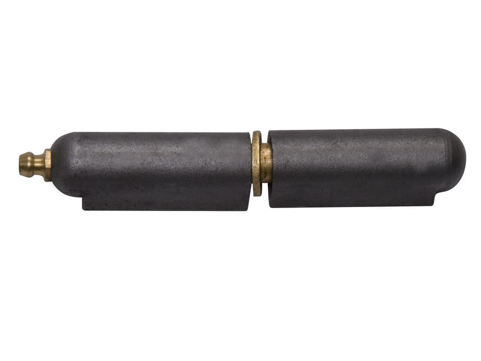 A steel pintle bullet hinge with a brass pin, showing a side-on profile.