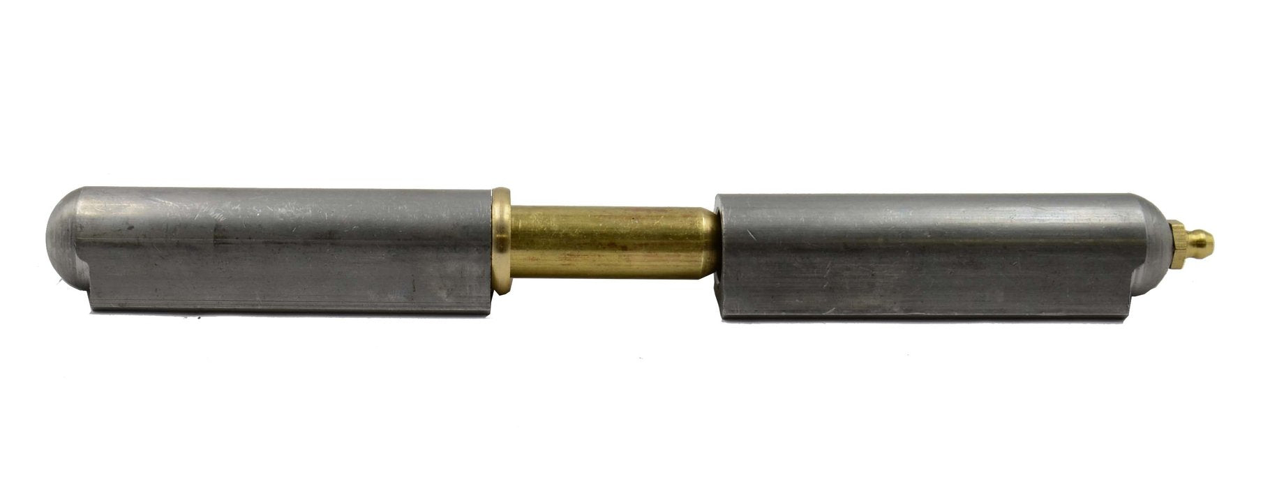A steel pintle bullet hinge with a brass pin, showing a side-on profile.