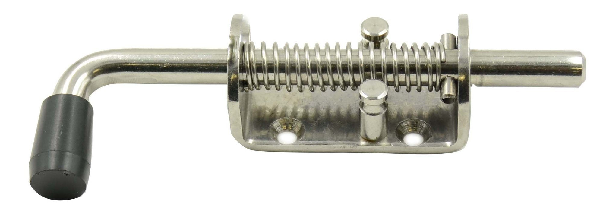 A silver-colored spring bolt with a zink plated finish and a black handle.