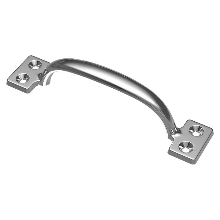 A silver-colored chrome-plated grab 'D' handle with four fixing holes.
