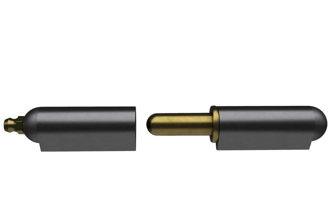 A steel pintle bullet hinge with a brass pin, showing a side-on profile.