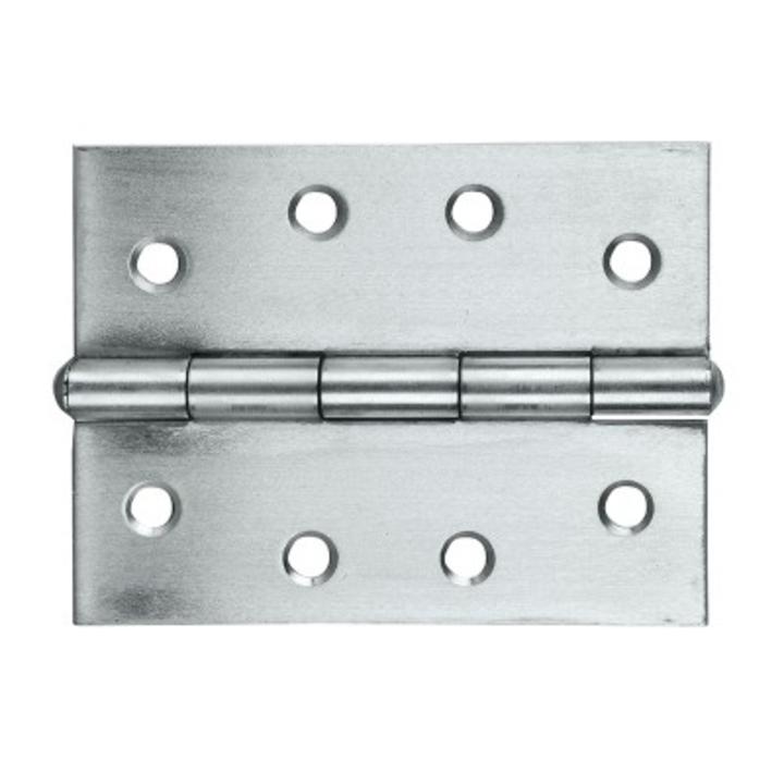 A stainless steel butt hinge measuring 85mm x 60mm x 1.6mm, with a satin finish and a fixed pin design.