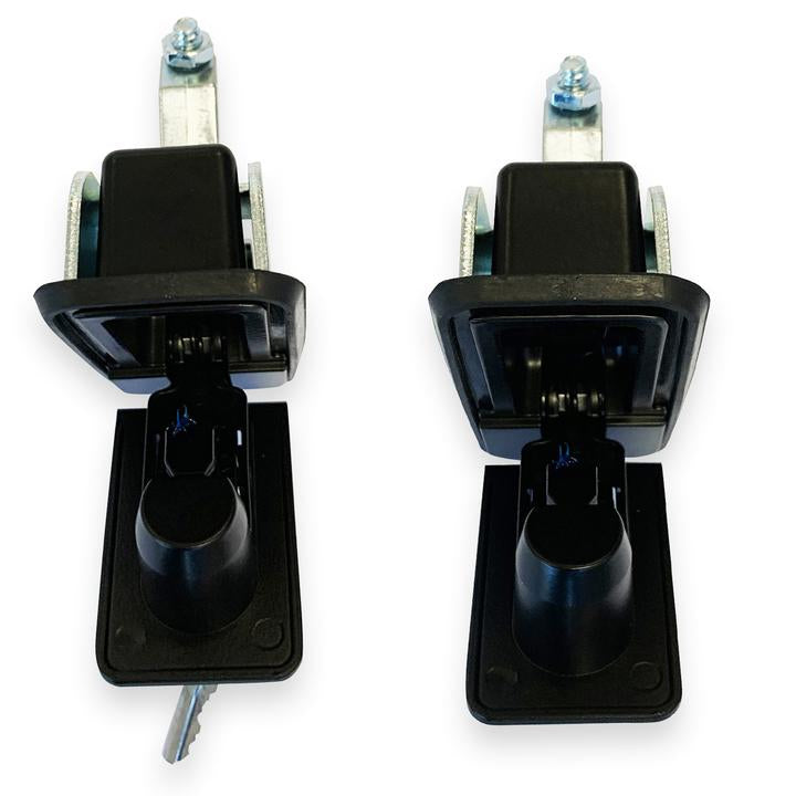 A black compression lock with a key, designed for securing tool boxes and similar items.