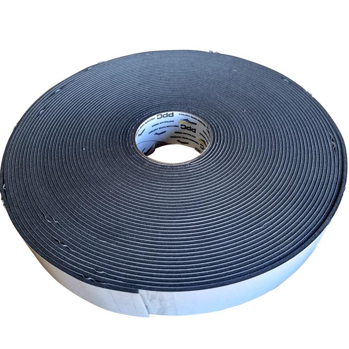 A roll of grey polyethylene foam tape with a visible adhesive side,